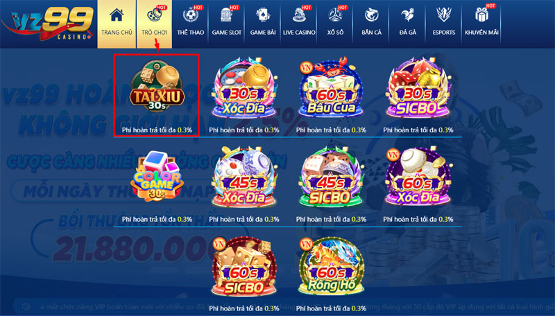 Vị trí trò chơi tài xỉu 30s trong menu game